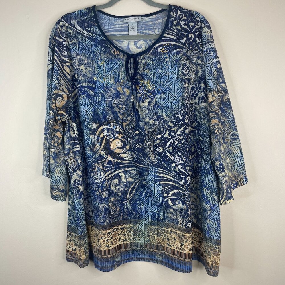 Catherines Art To Wear Tunic Top Womens 2X Boho Flare Sleeve‎ Pullover Tassel